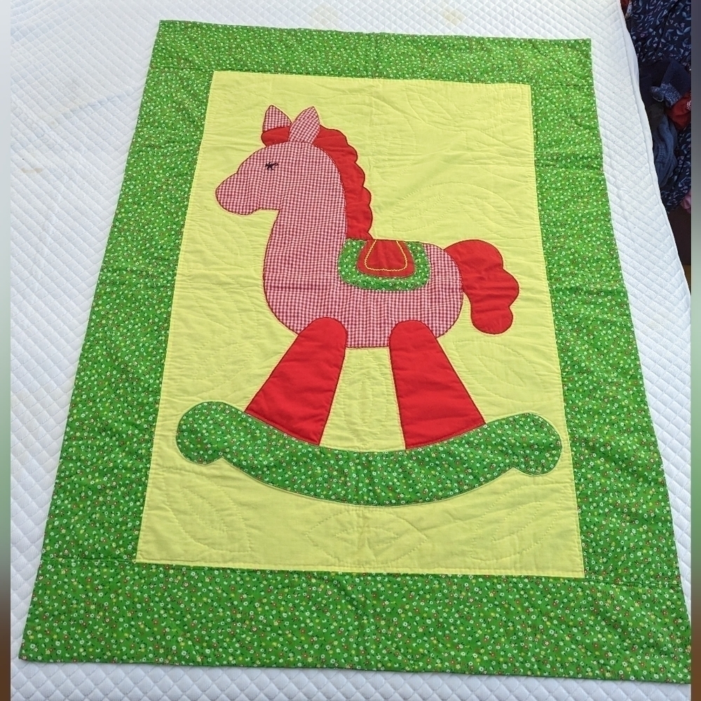 Handmade Green Rocky Horse Quilt Baby Blanket 38"X52.5" Floral